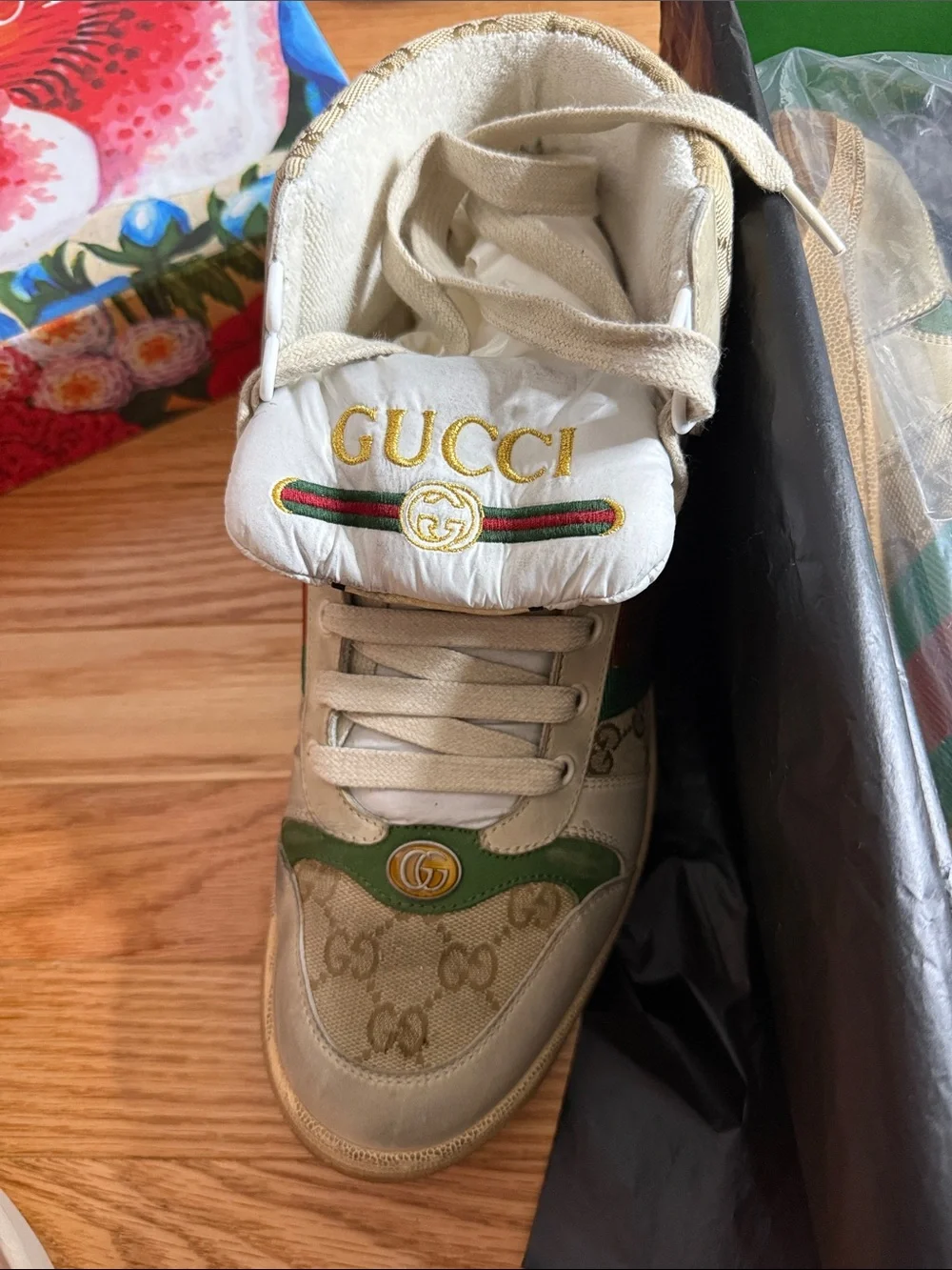 Gucci Beige Canvas High-Top Sneakers with Green & Red Web Stripe